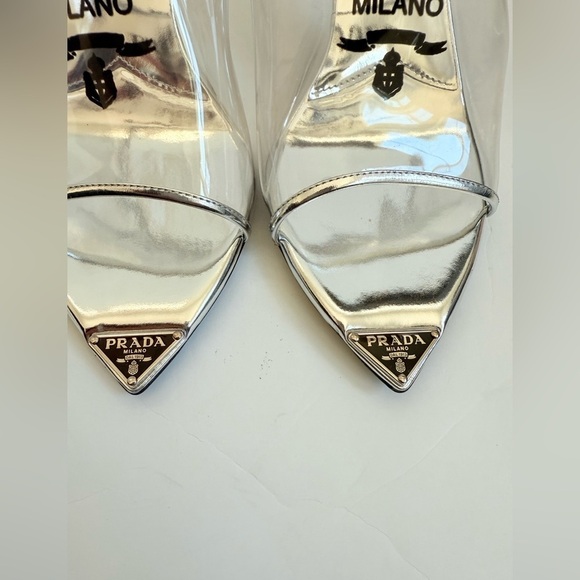 Prada Metallic silver leather logo print Pexiglas high heel slide sandals EU40.5 - Picture 8 of 15